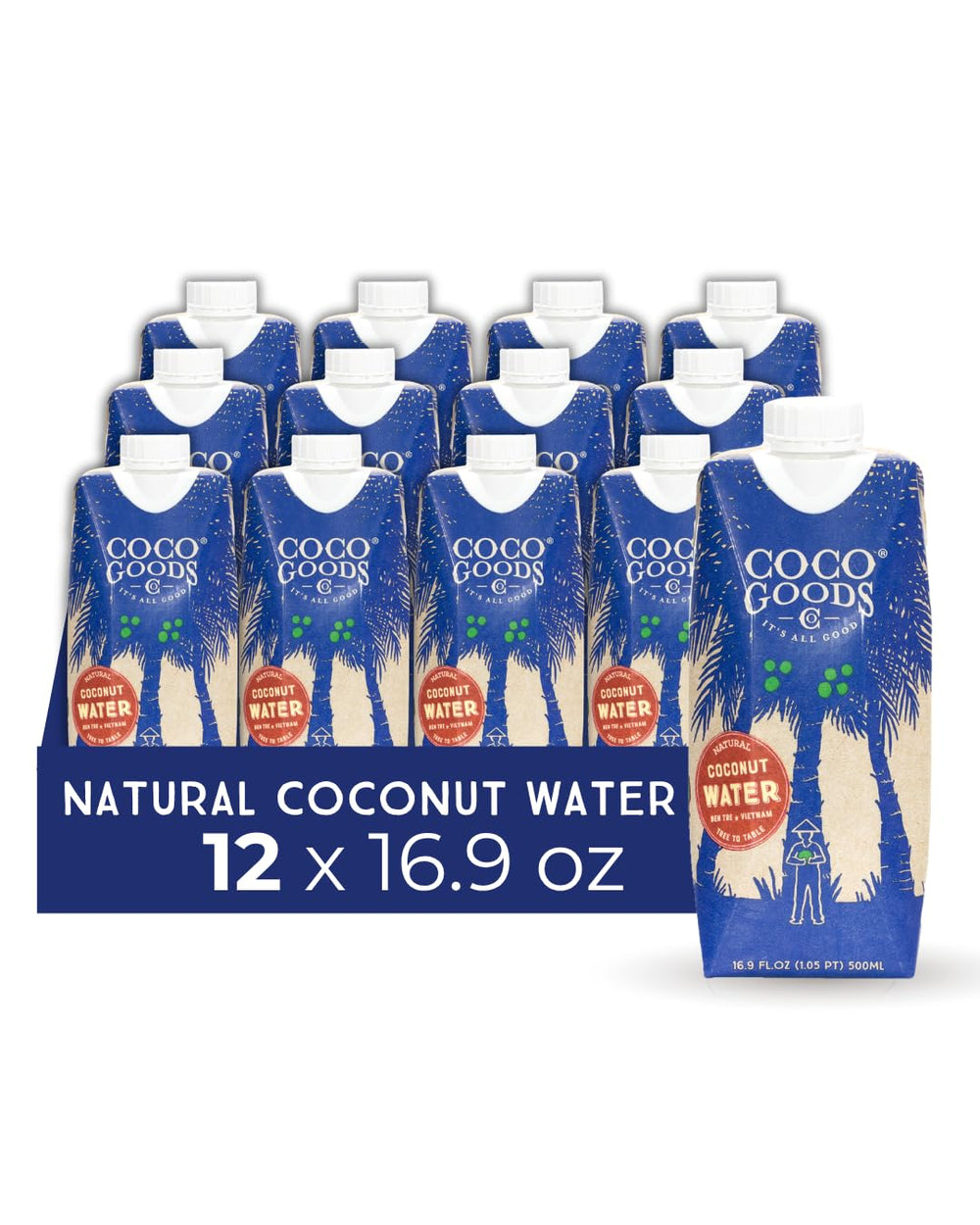 CocoGoodsCo 12‑pack front packaging showing neat cans and branding for easy storage