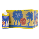 CocoGoods Co front packaging showing 12-pack and tropical branding, highlights convenience