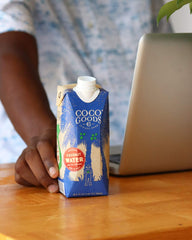 Single CocoGoodsCo can front label visible, highlighting natural coconut water benefits