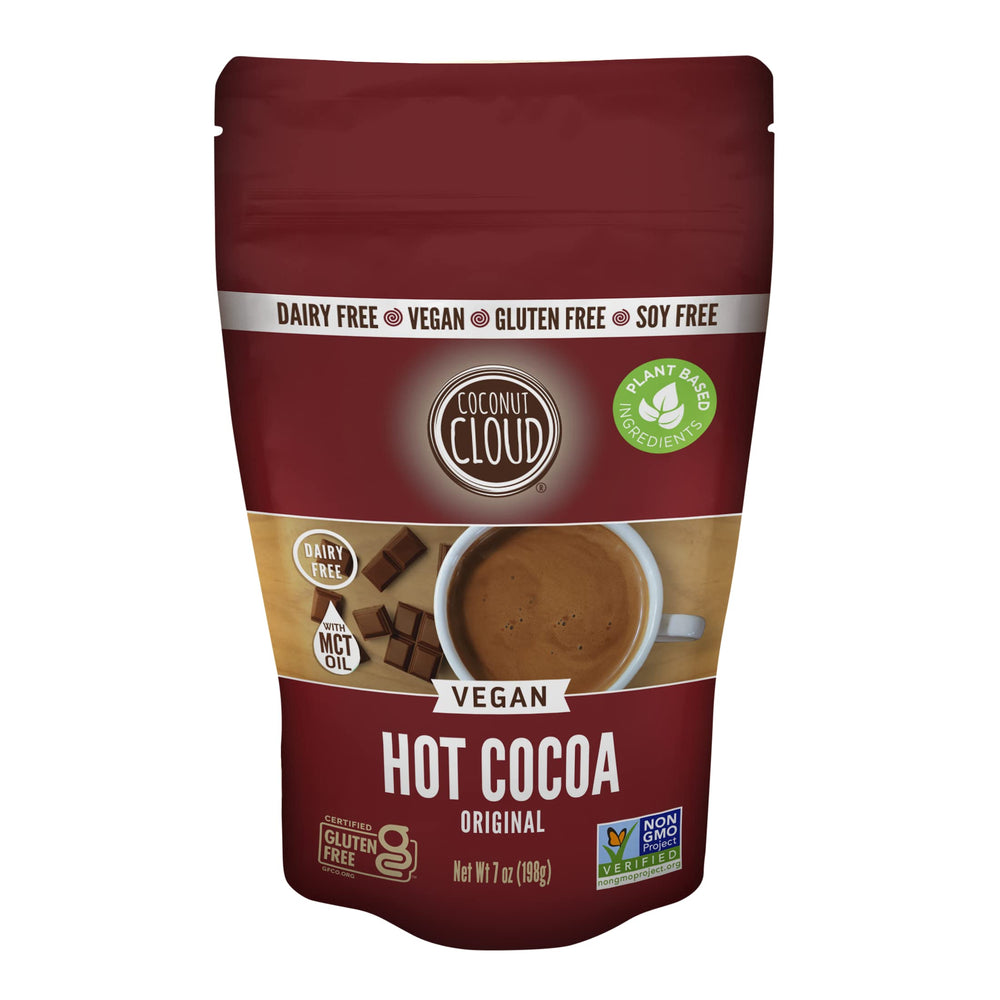 Coconut Cloud front packaging showing vegan hot cocoa, clear product identity and convenience