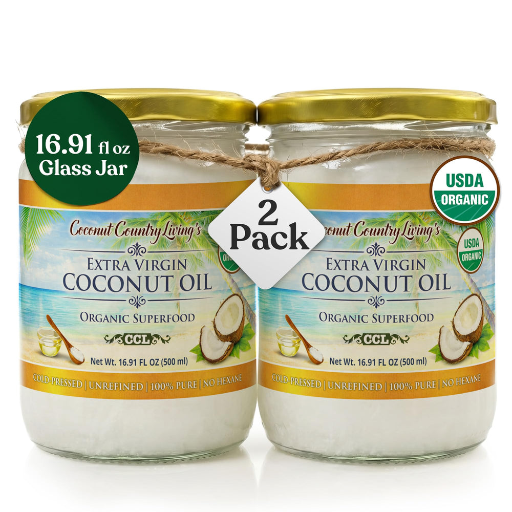 Coconut Country Living front packaging shows two glass jars and organic quality benefit