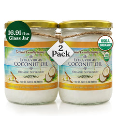 Coconut Country Living front packaging shows two glass jars and organic quality benefit
