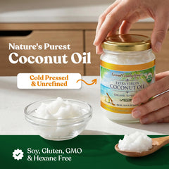 Coconut Country Living pouring oil close-up shows smooth consistency and cooking benefit