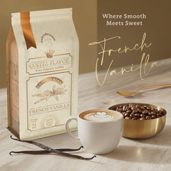COFFEA FLAVOR FINE ORGANIC COFFEE closeup of whole beans revealing natural vanilla-infused oils