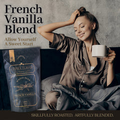 COFFEA FLAVOR FINE ORGANIC COFFEE bag beside a measuring scoop showing 16oz scale and freshness
