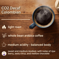 Coffee Bean Direct back label close-up highlighting roast and decaf method benefits