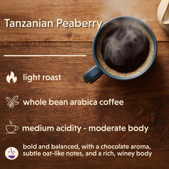 Close-up of Tanzanian peaberry whole beans from Coffee Bean Direct highlighting roast clarity