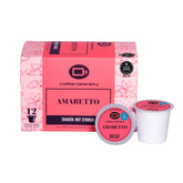 Coffee Beanery front box of amaretto decaf pods showing packaging benefit