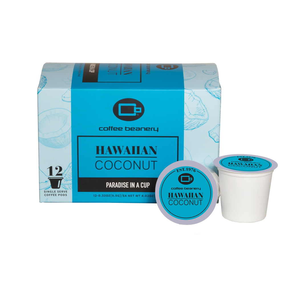 Coffee Beanery front box showing Hawaiian Coconut pods and convenient single-serve benefit