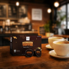 Coffee Brand Coffee brewed cup in a kitchen setting showing creamy butterscotch color and inviting aroma