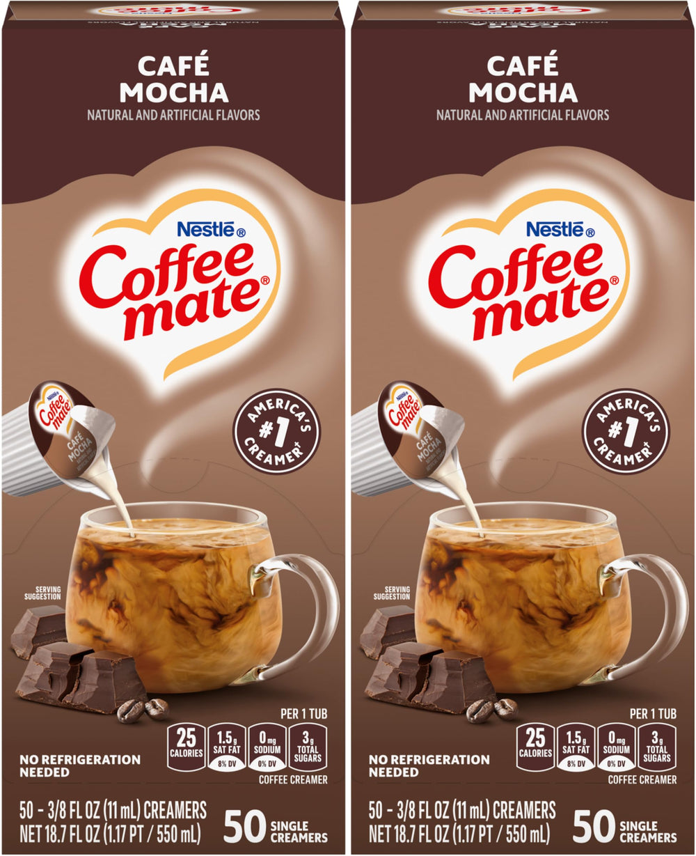 Coffee Mate front packaging showing two 50-count boxes and convenient servings