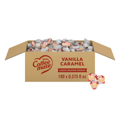 Coffee Mate front packaging showing vanilla caramel flavor and count benefits