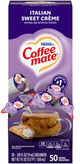 Coffee‑mate front box showing Italian Sweet Crème single‑serve cups for easy service