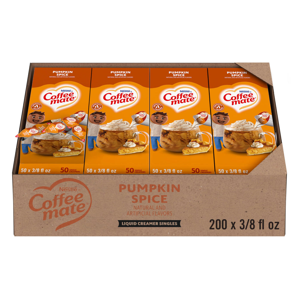 Coffee Mate front packaging showing pumpkin spice creamer tubs and brand for easy selection