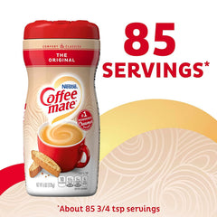 Coffee Mate canister beside mug showing scale and convenient multi-serve size