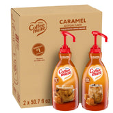 Nestle Coffee mate front packaging showing caramel label and two bottles for easy serving