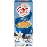 Coffee Mate front packaging French Vanilla showing brand and count for quick identification and convenience