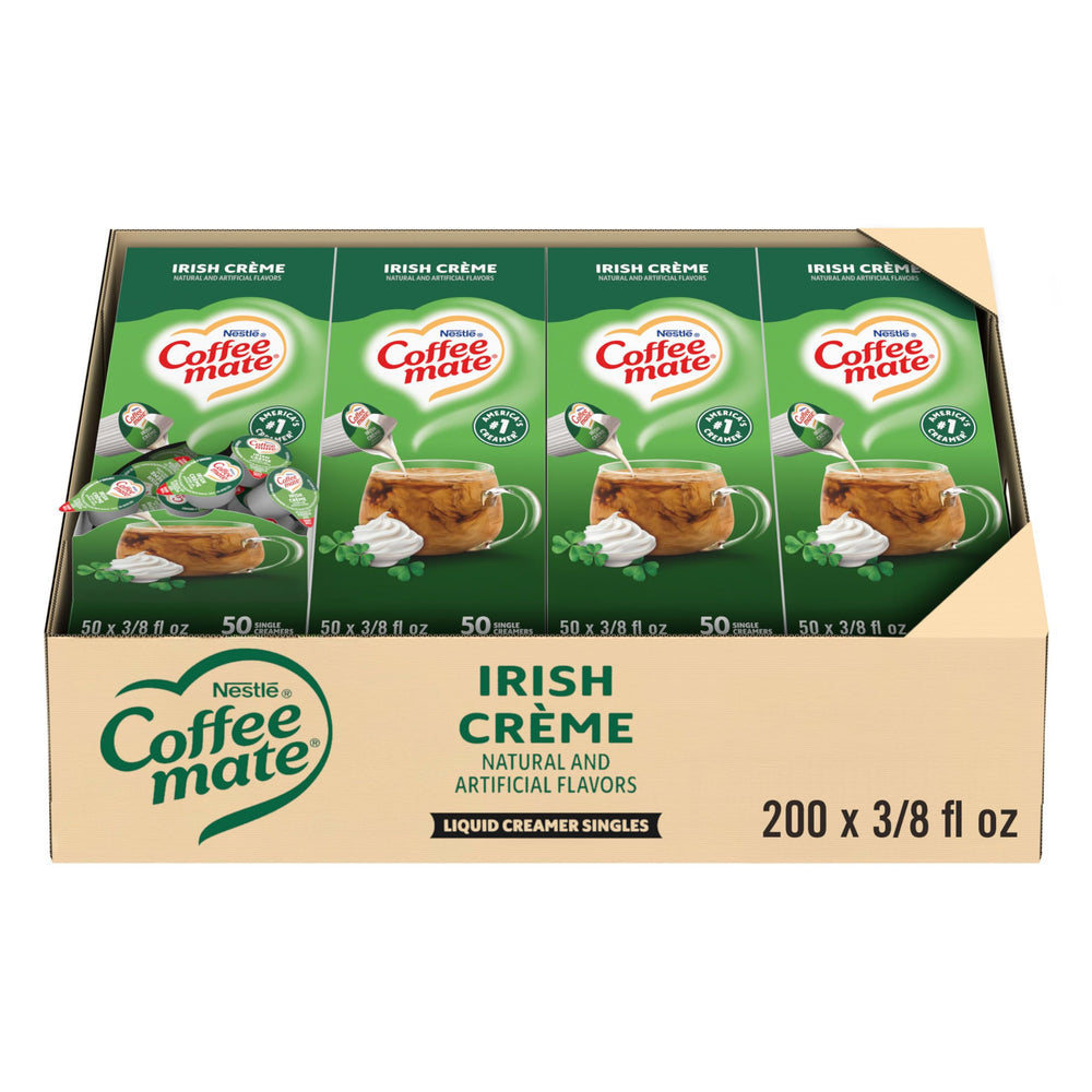 Coffee mate front packaging showing Irish Crème tubs for easy selection and variety