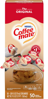 Coffee-mate front packaging showing 50-count box and product branding for quick identification and stocking