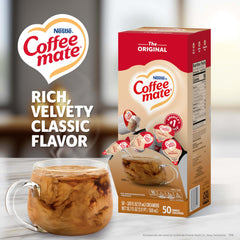 Coffee mate single cup close-up showing foil top and easy-open tab for fast use