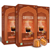 Coffeeza front packaging showing 30 caramel pods and branding, highlights convenience