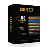 Coffeeza front packaging showing six-flavor variety pack and capsule count benefit