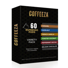 Coffeeza front packaging showing six-flavor variety pack and capsule count benefit