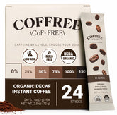COFFREE front packaging showing 24 single‑serve sticks and travel convenience