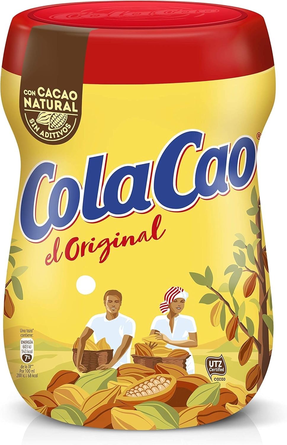 Cola Cao front packaging showing recognizable tin and clear benefit of authentic Spanish cacao