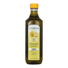 Colavita front label showing lemon flavored extra virgin olive oil and serving suggestion