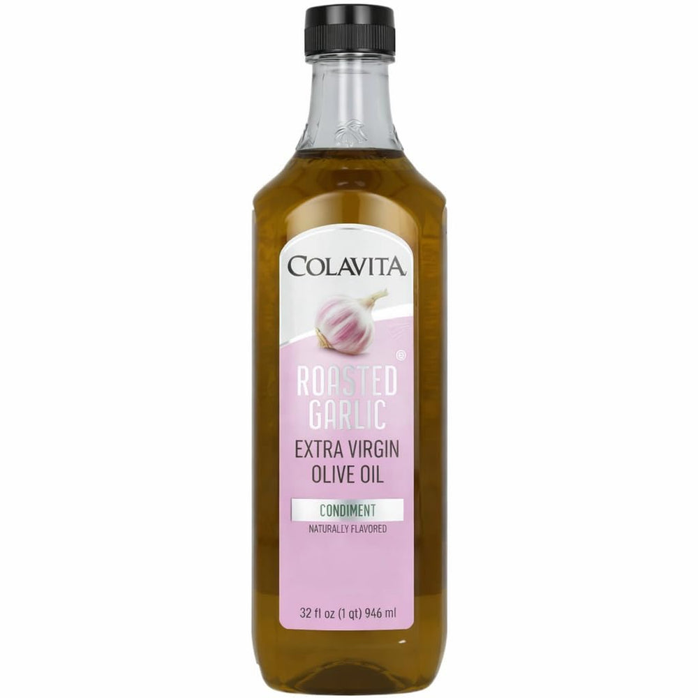 Colavita front bottle shot showing roasted garlic EVOO and clear branding benefit: easy pantry identification