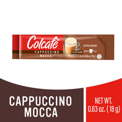 COLCAFE close-up of a single sachet revealing Mocca Instant Cappuccino texture and easy-serve convenience