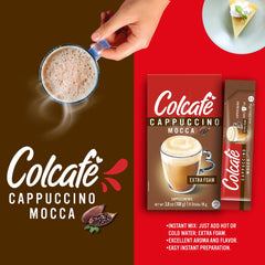 COLCAFE sachets beside a measuring cup and coffee beans to illustrate portion size and authentic Colombian coffee