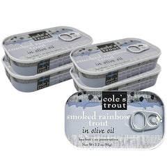 Cole's front can label showing smoked trout and olive oil, highlights premium quality