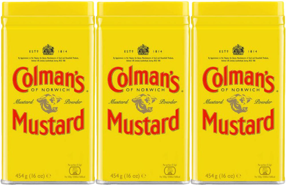 Colman's tin front showing iconic yellow and red label and easy storage benefit