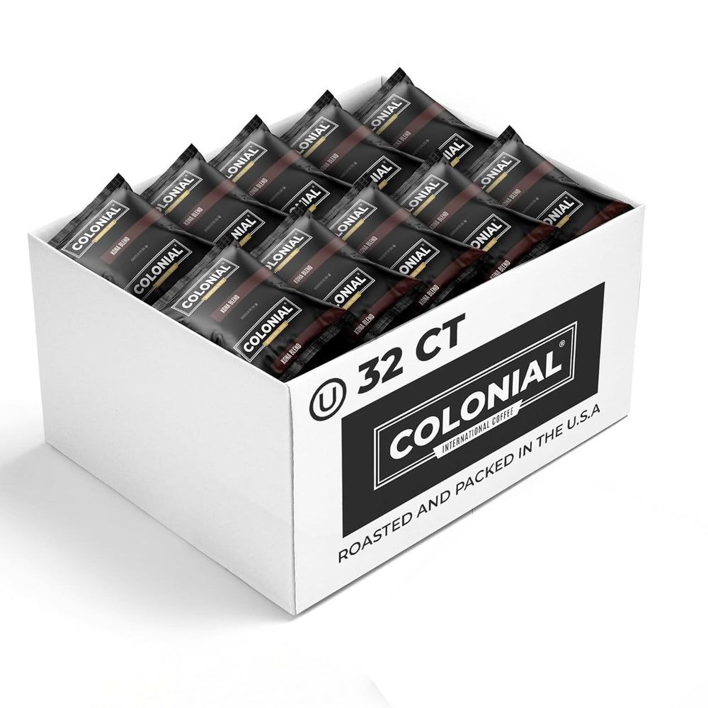 Colonial Coffee box front showing Hawaiian Kona branding and freshness benefit