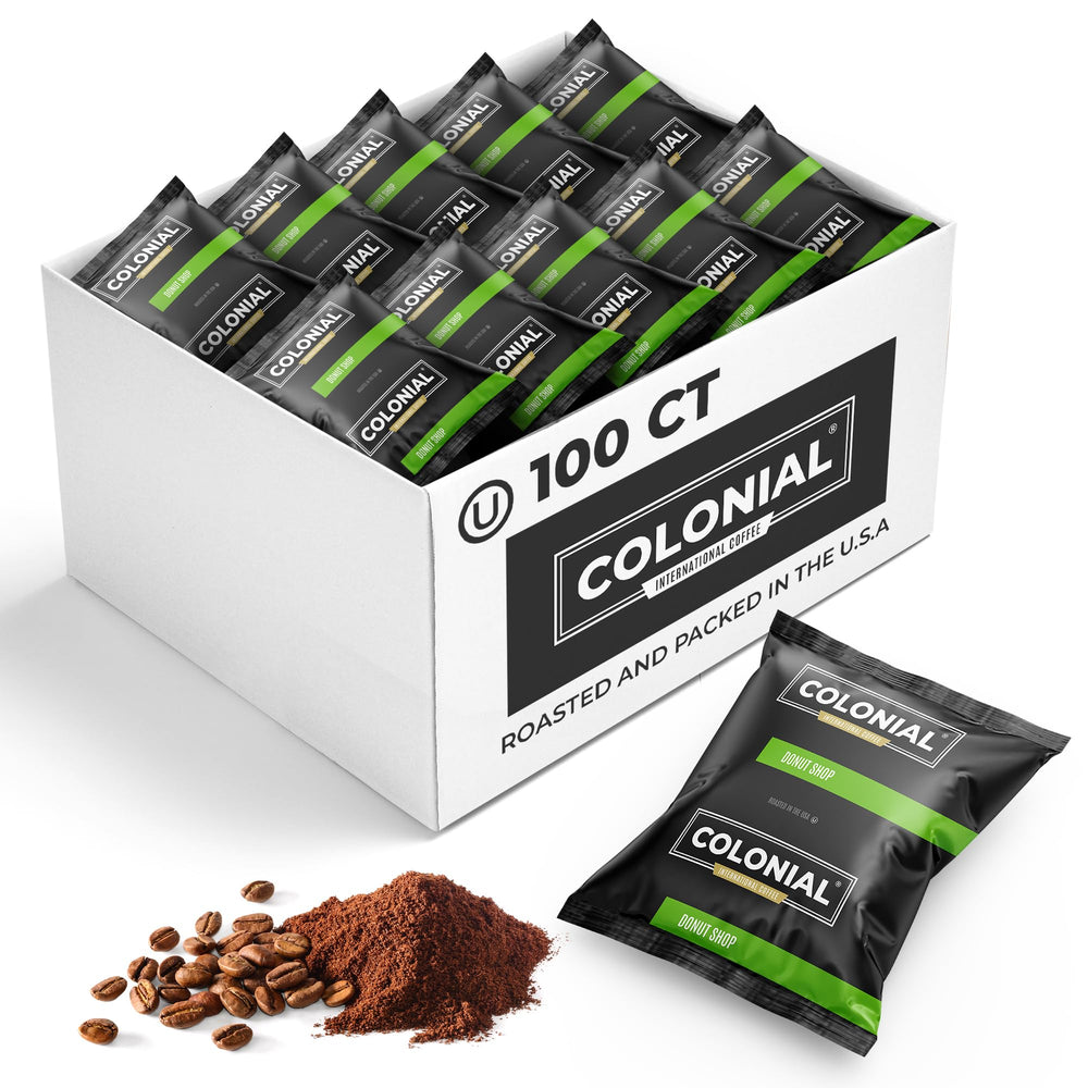 Colonial Coffee front packaging showing 100-count donut shop blend for convenience