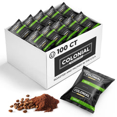 Colonial Coffee front packaging showing 100-count donut shop blend for convenience