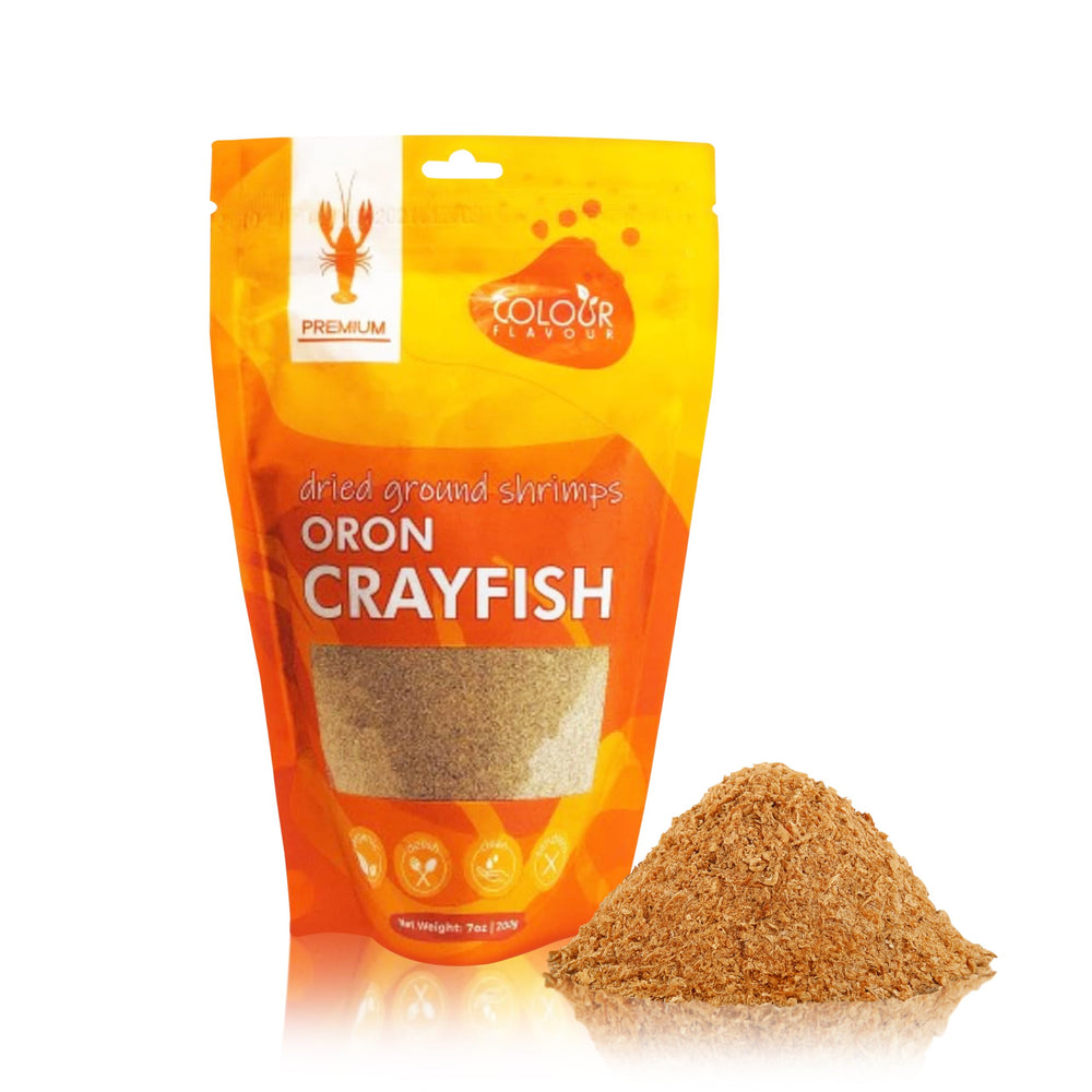 Colour Flavour front packaging showing 7 ounce crayfish powder, clear labeling benefit