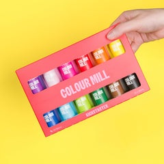 Colour Mill twelve 20ml bottles lined up to show size and color variety advantage