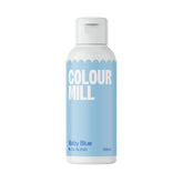 Colour Mill bottle front packaging showing baby blue label and clear sizing benefit