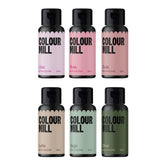 Colour Mill front packaging showing six Aqua Blend bottles and calming tones benefit precise color choices
