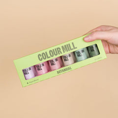 Colour Mill six bottles lined up displaying Dusk Latte Lilac Olive Rose Sage for easy shade selection