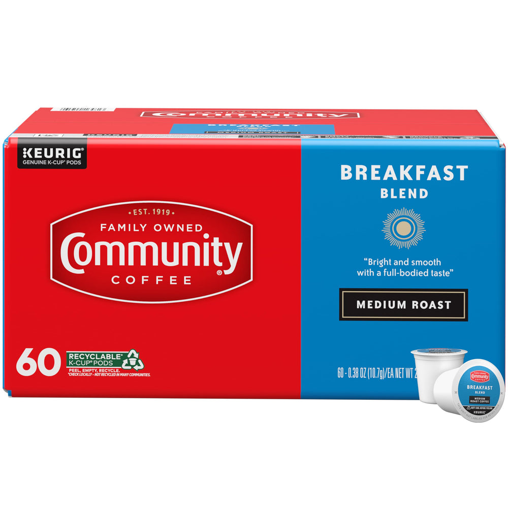 Community Coffee box front view showing 60 pods and medium roast branding for reliable mornings