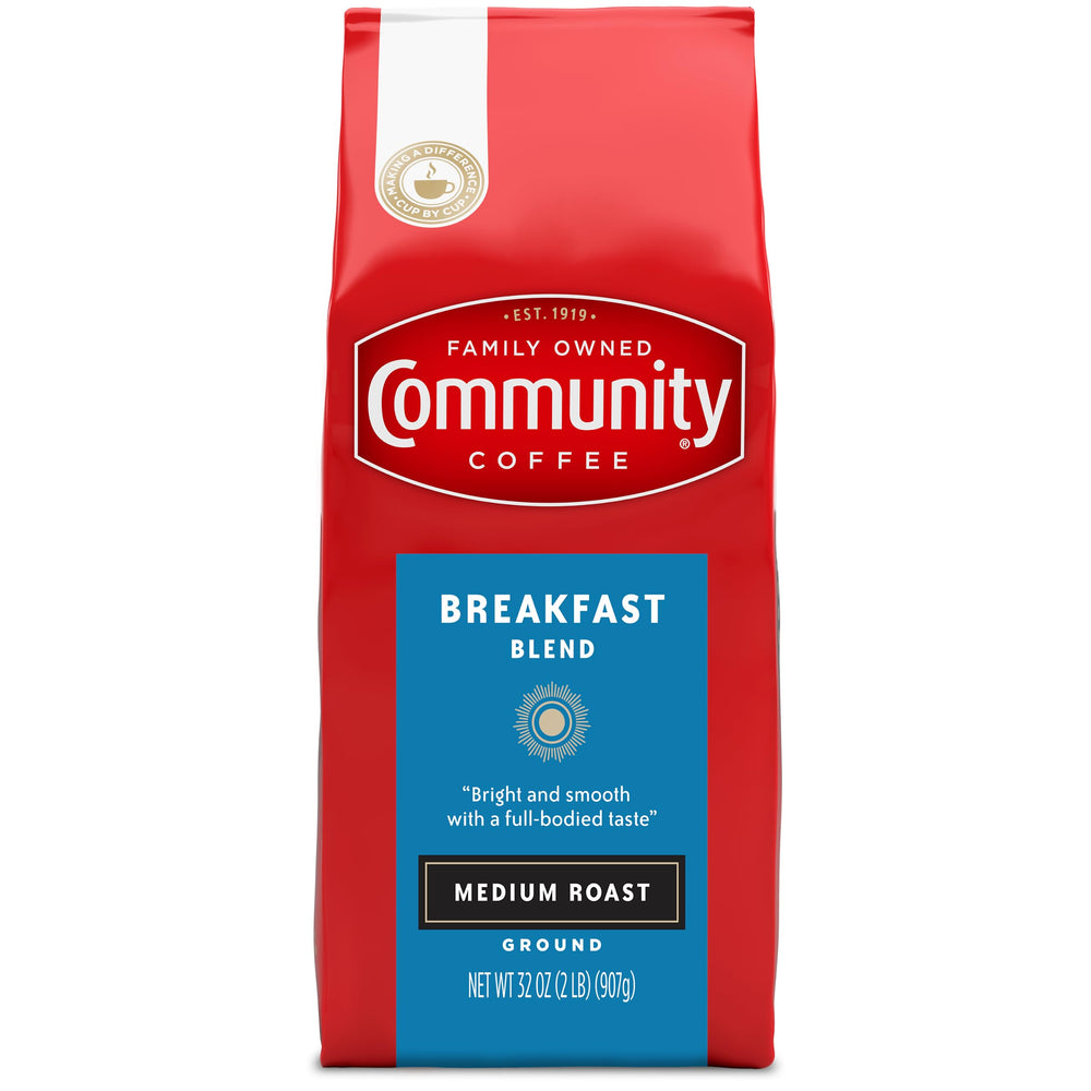 Community Coffee front packaging showing 32 oz bag and clear labeling, convenient storage benefit