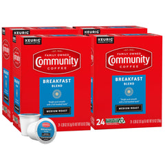 Community Coffee front packaging showing medium roast and 96 pods, easy stocking benefit