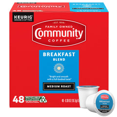 Community Coffee front packaging showing 48-count box and clear branding, convenient supply