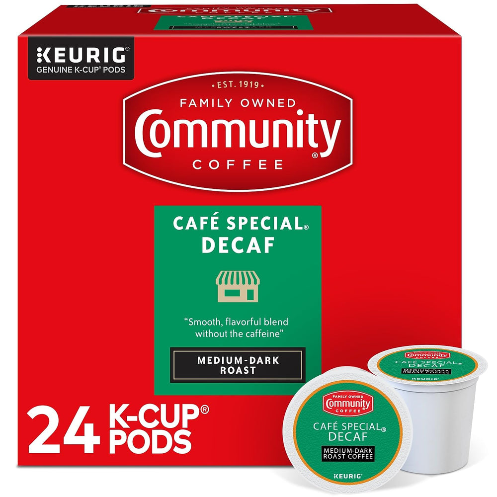 Community Coffee front pack showing 24-count decaf pods and convenience