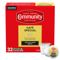 Community Coffee front box showing 32-count K-Cup pods and clear branding benefit convenience