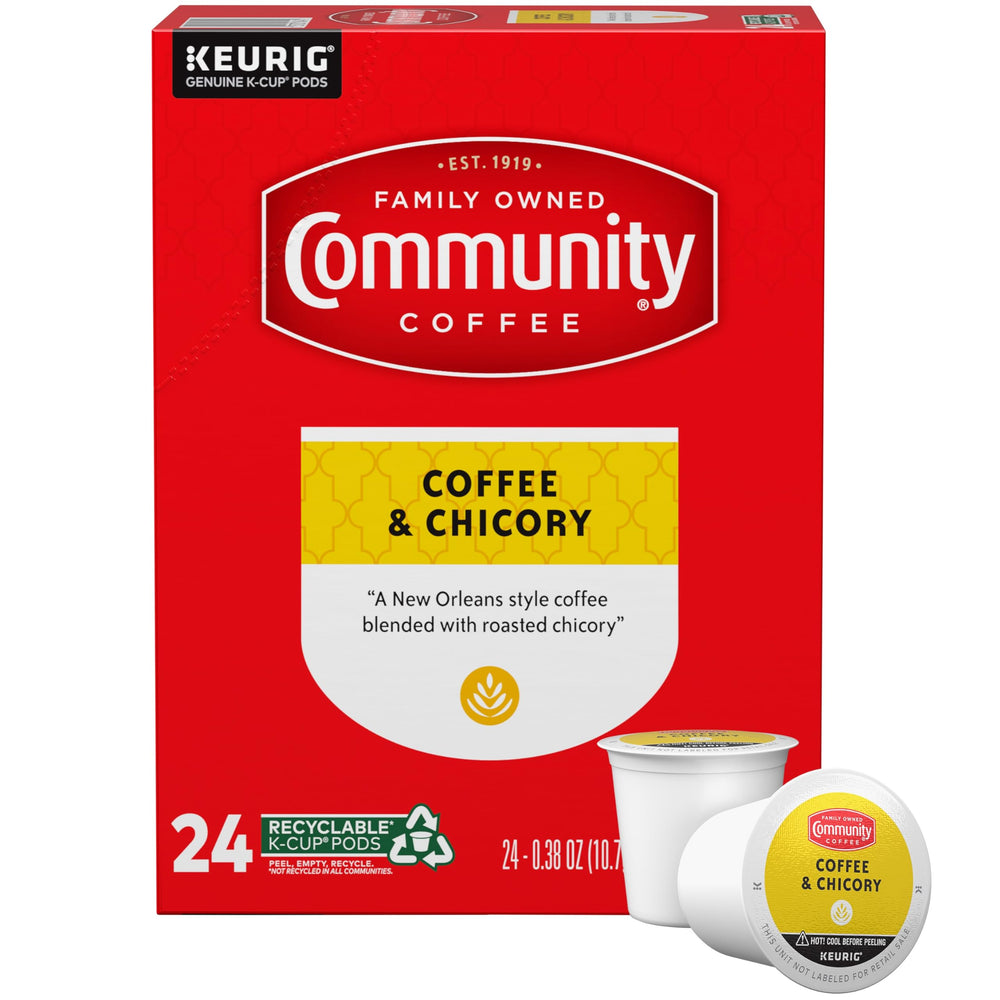 Community Coffee front packaging showing 24-count pods and roast information for convenience